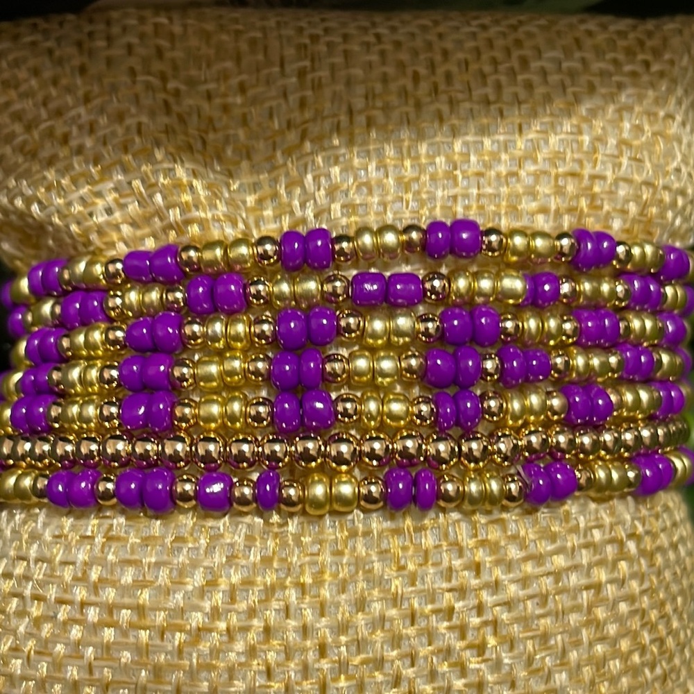 🎉💜NEW Purple Gold Beaded Stretch Bracelet Set Game Days LSU